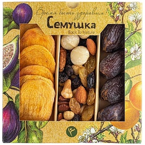 Подарочный набор СЕМУШКА орехов с Королевскими финиками и персиками 230г*6