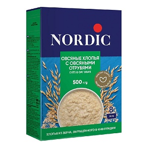 Хлопья NORDIC OATS & OAT BRAN овсяные с овсяными отрубями /картон/ 500г*12