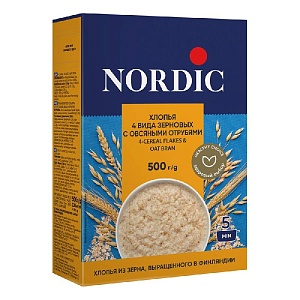 Хлопья NORDIC 4-CEREAL FLAKES & OAT BRAN 4 вида зерновых с овсяными отрубями /картон/ 500г*12