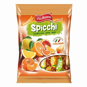 Конфеты PIU BUONO карамель с жидким центром - цитрусовое ассорти /пакет/ 175г*15