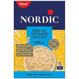 Хлопья NORDIC STEEL CUT OAT FLAKES овсяные 5 минут варки /картон/ 400г*10