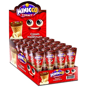 Рожок MINICCO вафельный Cornet Hazelnut с Ореховым кремом, молочным шоколадом с драже (шоубокс 25г*24шт) 25г*144