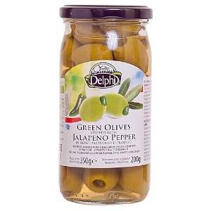 Оливки DELPHI фаршированые перцем Джалопено в рассоле /стекло/ 350г*12