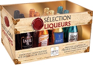Конфеты ABTEY "SELECTION LIQUEURS" ассорти мини бутылочек из темн.шок. с алкоголем /картон/ 155г*12