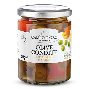 Оливки CAMPO D'ORO в ЦИТРУСОВОМ МАРИНАДЕ /стекло/ 290г*6