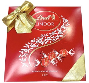 Конфеты LINDT LINDOR молочный MILK LAIT, красная подарочная с бантом плоская /картон/ 287г*12