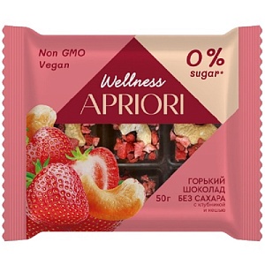 Шоколад APRIORI Wellness плитка горькая без сахара с кешью и клубникой 50г*13