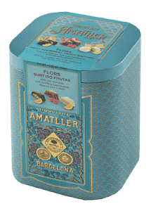 Конфеты AMATLLER  FLORS Ассорти конфет из горького шок. с апельс. нач., из молочного шок. с малиновой нач, из белого шок. с лимон.нач. /жесть/ 108г*6