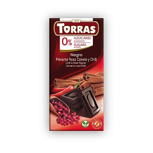 Шоколад TORRAS CLASSIC LINE темный с кусочками ягод розового перца, корицей и перцем чили, без сахара 75г*12