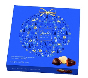ВЫВОД Конфеты HAMLET ассорти шоколадных конфет X-MAS BALL, синяя НГ /картон/ 200г*12