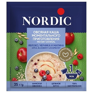 Каша NORDIC овсяная м/п с ЯБЛОКОМ, ЧЕРНИКОЙ И МАЛИНОЙ /шоубокс/ 35г*20