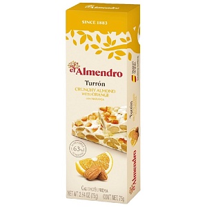 Туррон EL ALMENDRO CRUNCHY ALMOND WITH ORANGE хрустящий миндальный с апельсином 75г*16