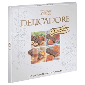 Шоколад BARON DELICADORE QUADRATTO молочный с начинкой с клубничным вкусом , латте маккиато, карамель и ореховым вкусом 200г*16