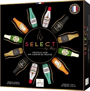 Конфеты ABTEY "SELECT BY ABTEY"  (плоская)  ассорти мини бутылочек из темн.шок. с алкоголем /картон/ 155г*14
