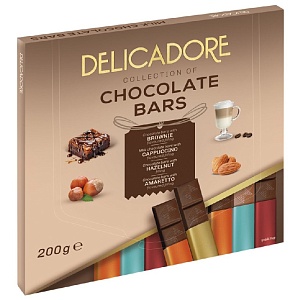 Шоколад BARON DELICADORE CHOCOLATE BARS плитки ассорти (амаретто, брауни, капучино, начинка со вкусом лесного ореха) 200г*16