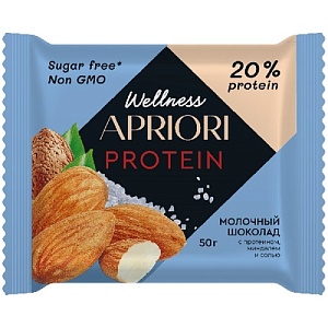Шоколад APRIORI Wellness плитка молочная с протеином, миндалем и солью 50г*13