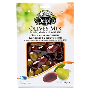 Оливки и маслины DELPHI с косточкой маринованные с оливковым маслом /вакуум/ 250г*8
