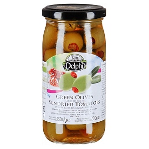 Оливки DELPHI фаршированые сушеными томатами в рассоле /стекло/ 350г*12