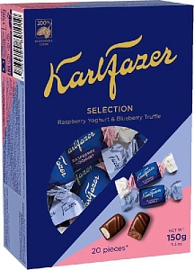 Конфеты KARL FAZER Selection из молочного шоколада с начинкой малиновый йогурт & черничный трюфель /картон/ 150г*12