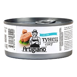 Тунец ARTIGIANO (Эквадор) полосатый филе-ломтики в собственном соку ж/б 185г*48