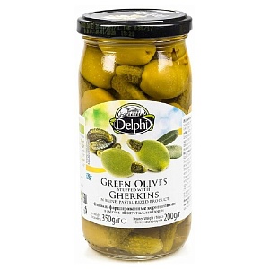 Оливки DELPHI фаршированые корнишонами в рассоле /стекло/ 350г*12