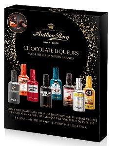 Конфеты ANTHON BERG ассорти с алкогольныйми ликерными начинками Chocolate Liqueurs, черная плоская кор. /картон/ 125г*15