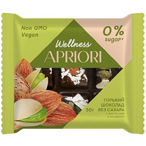 Шоколад APRIORI Wellness плитка горькая без сахара с миндалем и фисташкой 50г*13