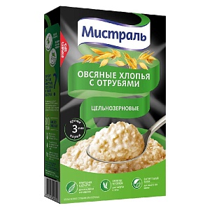 Хлопья МИСТРАЛЬ Овсяные с отрубями /картон/ 400г*12