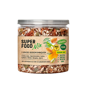 Смесь семян SUPER FOOD Mix с курагой, яблоком и миндалем /пл.банка с ключом/ 270г*6