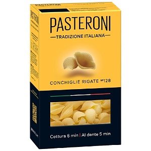 Макаронные изделия PASTERONI CONCHIGLIE RIGATE №128 / Конкилье Ригате /картон/ 400г*12
