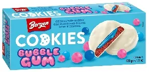 Печенье BERGEN Bubble gum с начинкой со вкусом жвачки, покрытое молочной глазурью /картон/ 128г*18