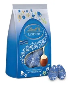 Яйца шоколадные LINDT White MILK SACHET Medium Egg молочный с белой начинкой, синий /пакет/ 180г*18