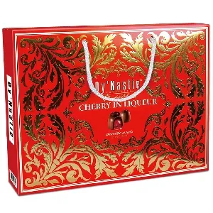 Конфеты Dy`Nastie CHERRY IN LIQUEUR шоколадные c тёмным шоколадом, ликёрной начинкой и цукатами вишни /СУМКА с узорами/ 185г*5