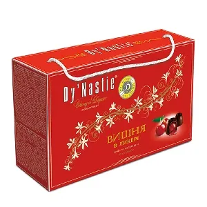 Конфеты Dy`Nastie ВИШНЯ В ЛИКЁРЕ шоколадные c тёмным шоколадом, с ликёрной начинкой, с цукатами вишни /упак. с ручкой-чемоданчик/ 160г*8