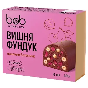 Батончик BOB неглазированный "Низкоуглеводный с вишней и фундуком" БЕЗ добавления сахара (25г*5шт) /картон/ 125г*12