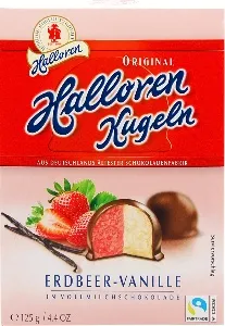 Конфеты HALLOREN Kugeln с начинкой из крема клубника-ваниль в темном шоколаде (17%) /картон/ 125г*20