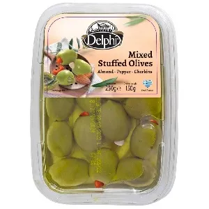 Ассорти DELPHI оливок, фаршированных миндалем, пастой из перца, корнишонами в рассоле /лоток/ 250г*6