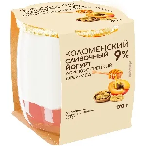 Йогурт КОЛОМЕНСКИЙ сливочный "Абрикос-Грецкий орех-Мед" с мдж 9,0% /стекло/ 170г*4