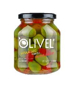 Оливки OLIVEL зеленые Чупадедос с косточкой, сладким перцем и чесноком а рассоле с маслом /стекло/ 340г*6