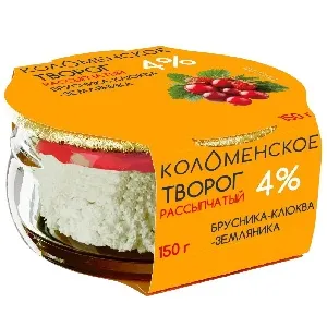 Творог КОЛОМЕНСКИЙ рассыпчатый с наполнителем "Брусника-клюква-земляника" с мдж 4,0% /стекло/ 150г"4 Творог КОЛОМЕНСКИЙ рассыпчатый с наполнителем "Брусника-клюква-земляника" с мдж 4,0% /стекло/ 150г"4