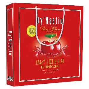 Конфеты Dy`Nastie шоколадные "ВИШНЯ в ликёре" с тёмным шоколадом, ликёрной начинкой и цукатами вишни /СУМКА/ 220г*5