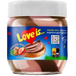 Паста LOVE IS двухслойная клубничная и ореховая с какао /стекло/ 350г*10 Паста LOVE IS двухслойная клубничная и ореховая с какао /стекло/ 350г*10