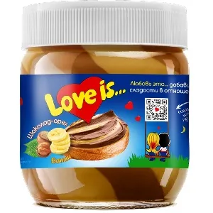 Паста LOVE IS двухслойная банановая и ореховая с какао /стекло/ 350г*10 Паста LOVE IS двухслойная банановая и ореховая с какао /стекло/ 350г*10
