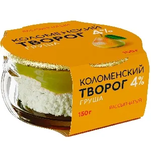 Творог КОЛОМЕНСКИЙ рассыпчатый с наполнителем ГРУША мдж 4% /стекло/ 150г*4