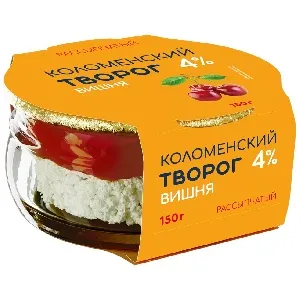 Творог КОЛОМЕНСКИЙ рассыпчатый с наполнителем ВИШНЯ мдж 4% /стекло/ 150г*4