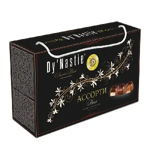 Конфеты Dy`Nastie BLACK шоколадные АССОРТИ с тёмным шоколадом ("Simple", "Sorrento", "Крем брюле") /упак. с ручкой-чемоданчик/ 155г*8