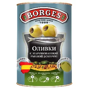 Оливки BORGES зеленые фаршированные рыбкой "Бокерон" /жесть/ 314мл*12 Оливки BORGES зеленые фаршированные рыбкой "Бокерон" /жесть/ 314мл*12