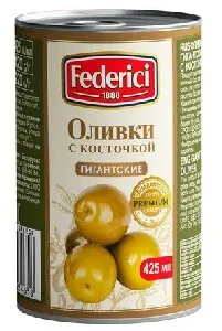 Оливки FEDERICI Гигантские с косточкой /жесть/ 420г*12 Оливки FEDERICI Гигантские с косточкой /жесть/ 420г*12