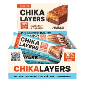 Батончик CHIKALAB LAYERS глазированный со вкусом Лесной орех с карамелью /флоу-пак/ 45г*15