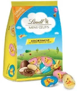 Яйца шоколадные LINDT Mini Eggs ассорти: помадка, молочная начинка, белый /пакет/ 350г*18